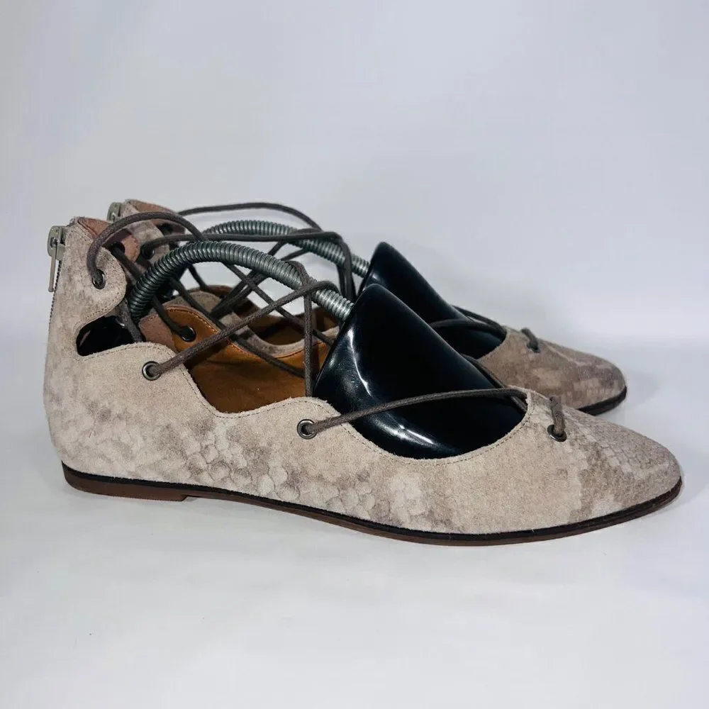 Lucky Brand Billoh Snake Print Suede‎ Pointed Toe Lace-up Flats Women's 7